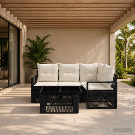 vidaXL Ensemble de canapé de jardin 5 pc Noir et blanc crème polyrotin (1/5)