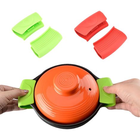 2 pares de empuñaduras de silicona antideslizantes con abrazadera, resistentes al calor – Verde/Rojo (1/5)