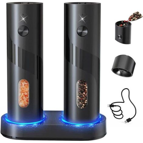 Moulin à sel et à poivre électrique Lot de 2 Rechargeable Mouture réglable LED blanche 110 ml Noir (1/5)
