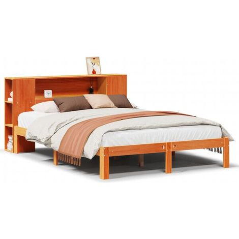 Lit bibliothèque, matelas ciré marron non inclus, 135 x 190 cm, pin massif. (1/5)