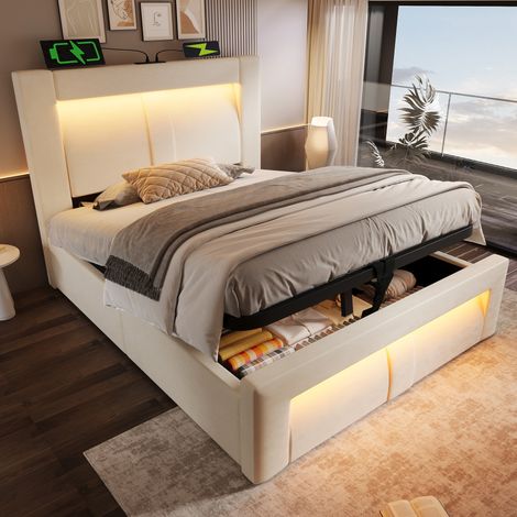 lit adulte rangement 90x200 LED velours beige OKMYHOME (1/5)