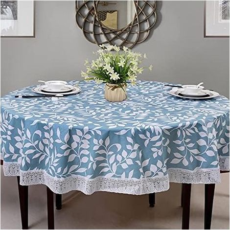 Nappe Toile cirée PVC Ronde,avec Motif Floral et Dentelle,Nappe Ronde Anti Tache Impermeable Nappe de Table Toile Cirée de Salle à Manger,pour Salle à Manger,Jardin,Café,Fête (Bleu,180cm) GROOFOO (1/4)