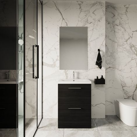 Nuie Arno Floor Standing 2-Drawer Vanity Unit with Basin-2 600mm Wide - Black Woodgrain (1/5)