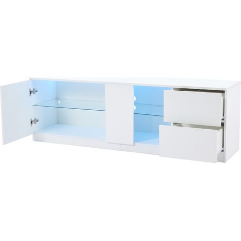 Mueble TV moderno 160x40x52 cm con 2 cajones, 1 puerta, estantes de cristal, LED, blanco (1/5)