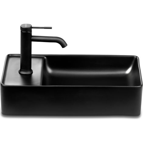 Gäste WC Waschbecken SOHO 2.0 in 46 x 25 cm Keramik für Wandmontage oder Aufsatzwaschbecken mit Hahnloch in Schwarz Matt:Hahnloch Links (1/3)