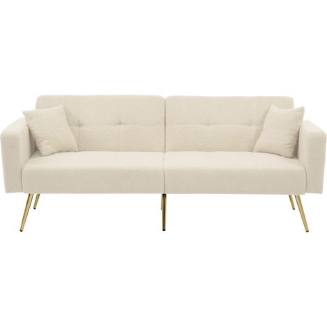 Canapé convertible avec fonction lit, tissu sherpa beige, pieds dorés, avec coussins et poches latérales (1/5)