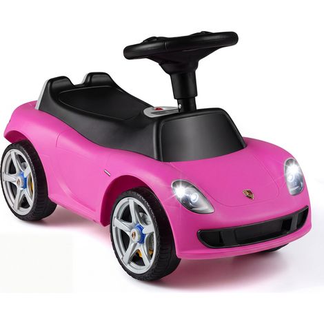 Voiture porteur enfant rose à 4 roues avec volant, phares et boutons sonores pour maison, jardin et terrasse (1/5)