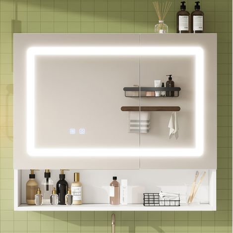 Espejo de baño con armario 80x17x70 cm con 2 puertas, LED, función antivaho, estante ajustable, MDF blanco (1/5)