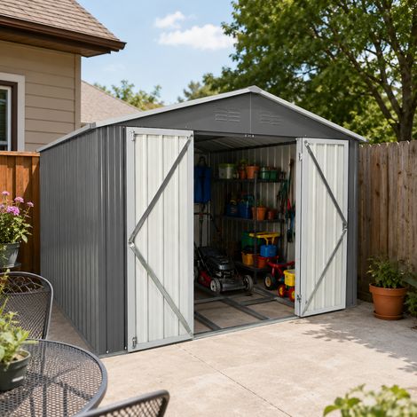 Abri de jardin 313,4x258,8x191,5 cm en acier galvanisé gris, 2 portes, stockage extérieur – MEUBLIV (1/5)