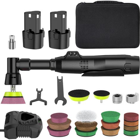 Polisseuse voiture sans fil compacte, RO/DA double mode, disques 1/1,5/2 pouces, vitesse ajustable 2500–6000 tr/min, avec 2 batteries rechargeables, design portable
