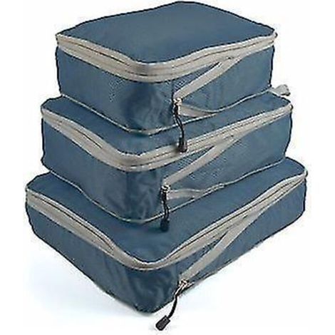 Lot de 3 cubes de rangement compressibles pour voyage, sac de rangement pour bagages et valises, pliables et imperméables, en nylon bleu marine. (1/3)