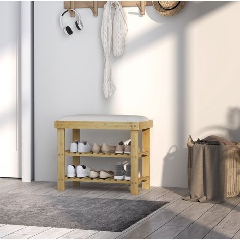 Panca portascarpe in bambù con seduta e contenitore, 60 x 29 x 49 cm, bianco crema (1/5)