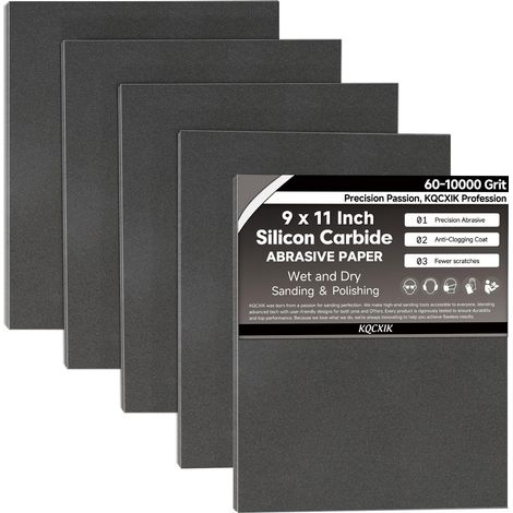 Lot de 12 feuilles de papier abrasif grain 320 - 22,9 x 27,9 cm - Dos flexible importé - Abrasif en carbure de silicium noir - Pour le travail du bois, l'automobile (1/5)