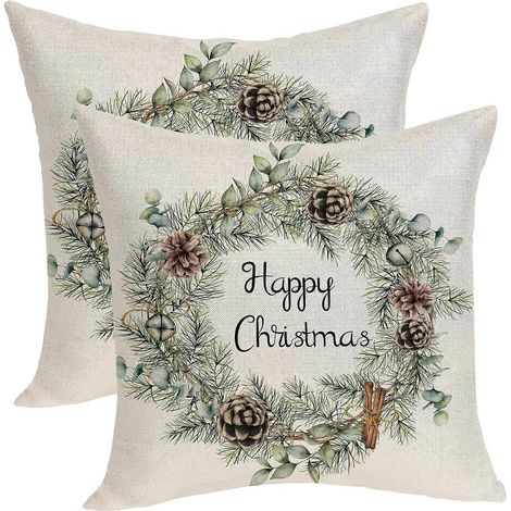 Housses de coussin de Noël 45x45 cm (lot de 2) - Motif pomme de pin et guirlande de feuilles d'eucalyptus (1/5)
