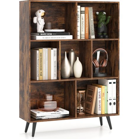 COSTWAY 7-Cube Bookcase Mid Century Modern Storage Organizer-Brown (1/5)