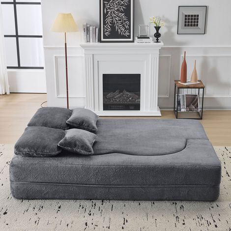 Grand canapé de sol moderne bleu-gris avec 4 coussins décoratifs, canapé confortable en flanelle, matelas pliant en mousse haute densité, idéal pour le salon, la chambre d'amis ou la chambre à coucher (1/5)