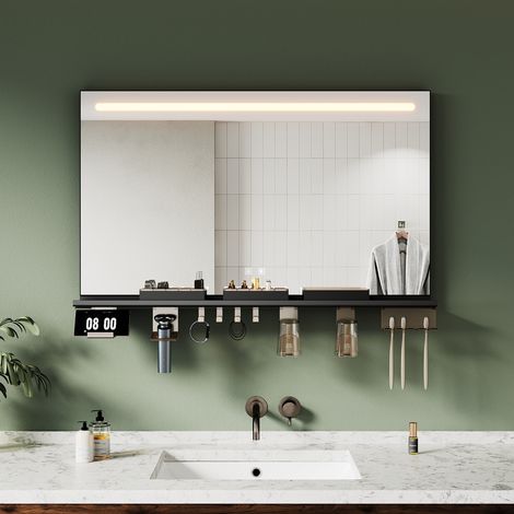 SIRHONA 100×60cm Miroir lumineux de salle de bain avec étagère de rangement, antibuée, éclairage 3 couleurs, éclairage réglable, bande lumineuse supérieure