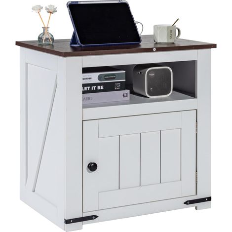 Table d'appoint de ferme à 3 niveaux, table de chevet carrée avec ports et prises USB, table d'appoint avec armoire de rangement, table de nuit, idéal pour le salon, la chambre, le bureau, blanc (1/5)