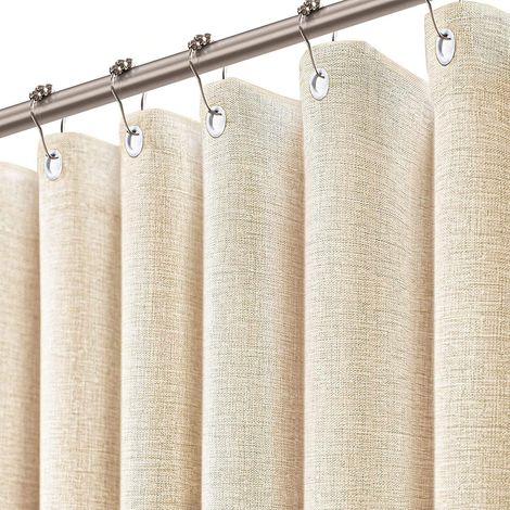 Rideau de douche en lin texturé de style rustique, bohème, avec doublure en tissu pour salle de bain (183 x 183 cm) (1/5)