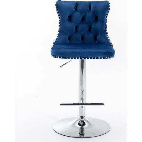 Lot de 2 tabourets de bar bleus en velours, hauteur réglable 63-84 cm, piètement chromé, dossier rembourré capitonné confortable pour cuisine, îlot ou pub, DE1712BL
