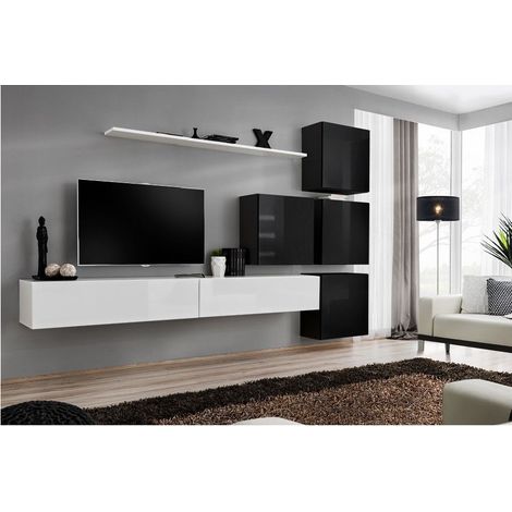 Ensemble meuble TV mural  - Switch IX - 310 cm x 200 cm x 40 cm - Blanc et noir - Livraison gratuite