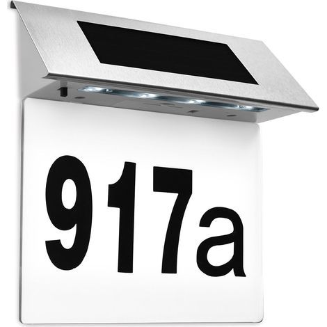 Weißes solarbetriebenes Hausnummernschild aus Edelstahl mit 4 LEDs, Dämmerungssensor, wetterfest