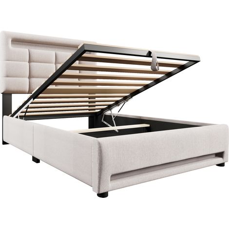 Cama tapizada 90 x 200 cm en lino beige con LED APP, almacenaje hidráulico y puerto USB (1/5)