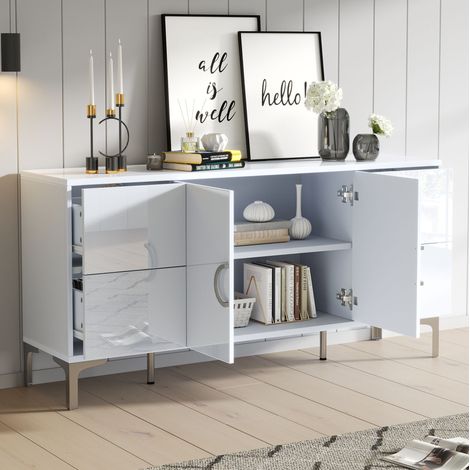 Aparador 150x38x59.5 cm, 4 cajones, 2 puertas, acabado alto brillo, MDF, blanco (1/5)