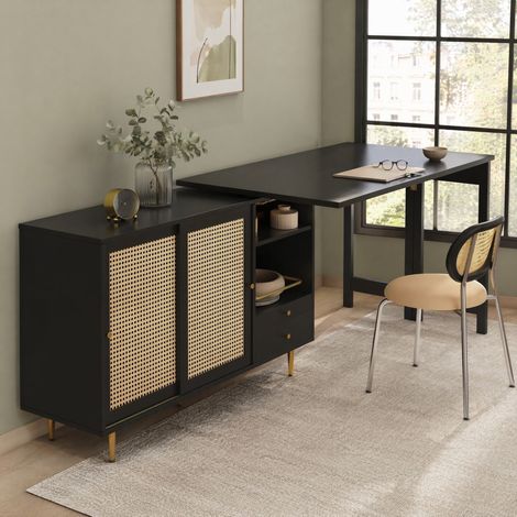 Aparador extensible giratorio 360° con almacenaje, 107 x 40 x 71,4 cm, negro, puerta de ratán HAVRYA (1/5)