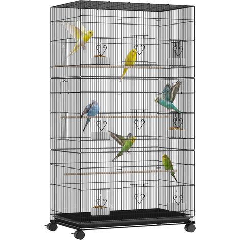 Grande cage à oiseaux - PawHut - sur roulettes, plateau amovible, portes, perchoirs, mangeoires - acier - 77x46,5x141cm - noir (1/5)