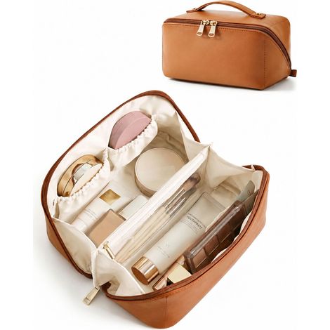 Sac de toilette de voyage, sac de toilette pour femmes, brun classique sac de toilette ouvert à plat, pu cuir voyage Essentials Wide Open Skincare, boîte de rangement de brosse grand (1/5)