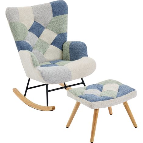 ELVMI Fauteuil à Bascule avec Repose-pieds, Dossier Amovible et Pieds Réglables, en Tissu Beige et Bleu (1/5)