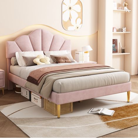 Cama tapizada 140x190 cm de terciopelo rosa, cabecero concha regulable, somier de láminas, patas doradas (1/5)