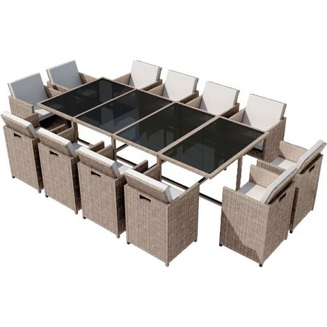Table rectangulaire et 12 chaises de jardin résine tressée beige Iris (1/5)