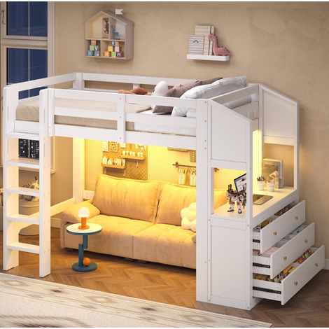 Cama alta 90x200 cm en madera blanca con 3 cajones, estantes y LED Bluetooth (1/5)