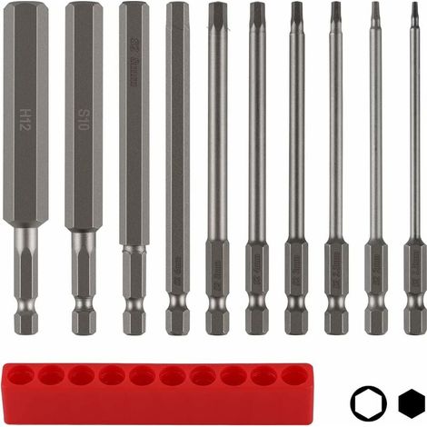 Set di 10 punte esagonali lunghe 100 mm con contenitore per punte, gambo esagonale S2 H1.5-H12, chiave a brugola color metallo (1/5)