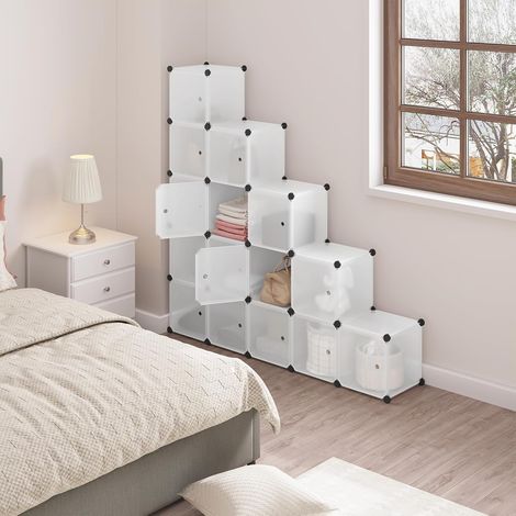 WOLTU Armario Modular de 15 Cubo con Puertas de Imán Organizador Modular Estanteria de Almacenaje de Cubos Paneles de Plástico para Zapatos Juguetes y Libros Blanco
