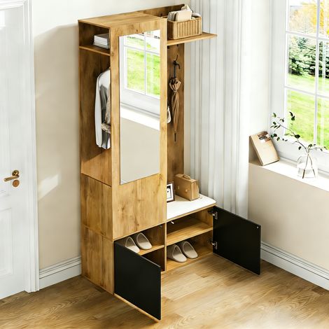 Tkopy - Ensemble de meubles d'entrée avec miroir - Vestiaire d'entrée avec Porte-Manteau et 5 Crochets - chaussures et banc - étagère Supérieur - meuble pour salon - 100x38x191 cm - MDF - Noir+Naturel