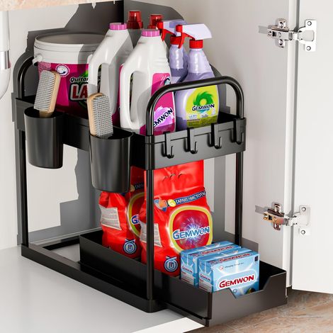 Rangement sous évier, organisateur de cuisine à 2 niveaux avec étagère coulissante, organisateur multifonctionnel pour la cuisine et la salle de bain, panier coulissant sous évier, noir (1/4)