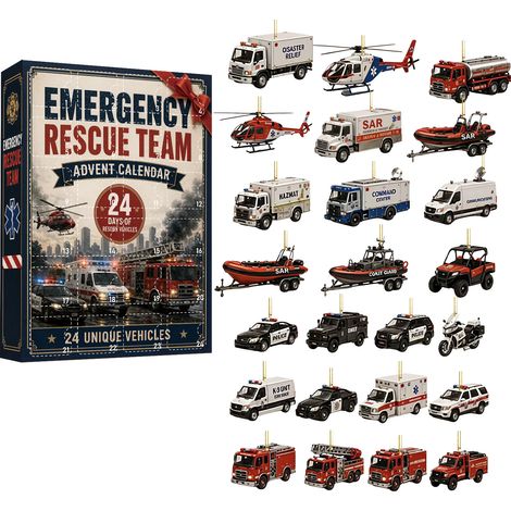 Adventskalender mit Einsatzfahrzeugen 2026 – 24-teilig – rot-weiß – Acryl – 8 cm flache Anhänger – Rettungsfahrzeug-Design – Christbaumschmuck – geeignet für Weihnachten und als Dekoration im Innenber (1/4)