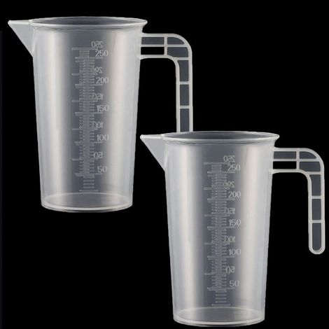 Lot de 2 verres doseurs en plastique avec poignée et graduation de gramme 250 ml, résistants à la chaleur, verres doseurs de précision, pour détergent, cuisine, laboratoire, 0.25 l, transparent (1/5)