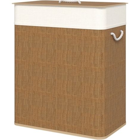 Panier à linge bambou brun 100L avec couvercle, poignées corde et sac amovible (1/5)
