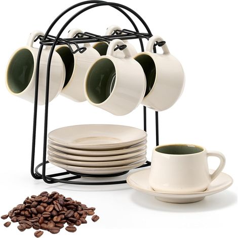 Ensemble de tasses à café en céramique et soucoupes avec support en métal noir, 6×130 ml (2.4 oz), tasses empilables pour cappuccino, expresso, boissons de café spécial, latte, Americano, thé (1/5)