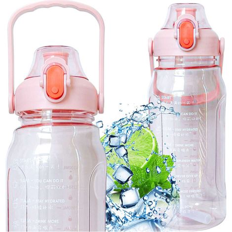 Botella con pajita para beber agua 1.5l motivacional con recordatorio con cinta métrica motivacional con asa Rosa (1/5)