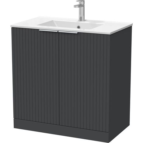 Callingwood Contemporary Floor Standing 2 Door Vanity Unit with Minimalist Ceramic Basin , 800mm, Dark Grey (1/4)