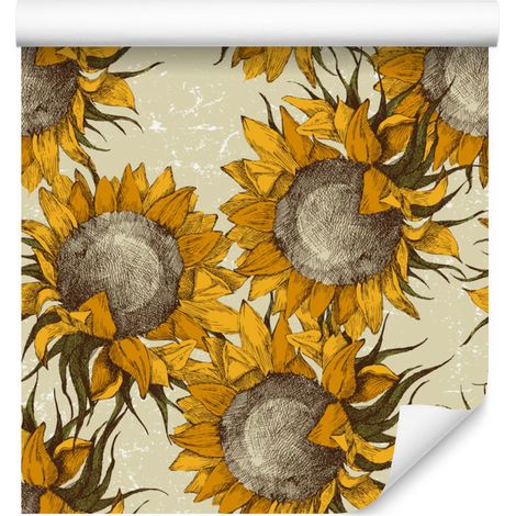 Papier peint à fleurs de tournesol style vintage pour salon et chambre 50x1000 cm (1/5)