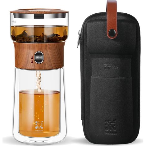 Simple tea infuser teapot, one-click drip teapot, small glass teapot with 270ml insulated cup, brown