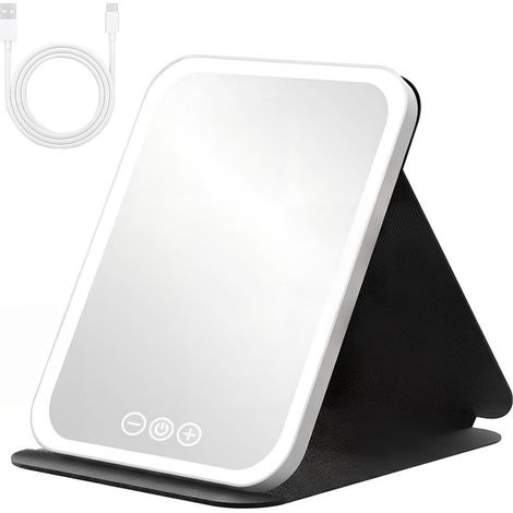 Miroir cosmétique lumineux, rechargeable par USB, avec écran tactile, pliable et portable, idéal pour les voyages et une utilisation dans la chambre.