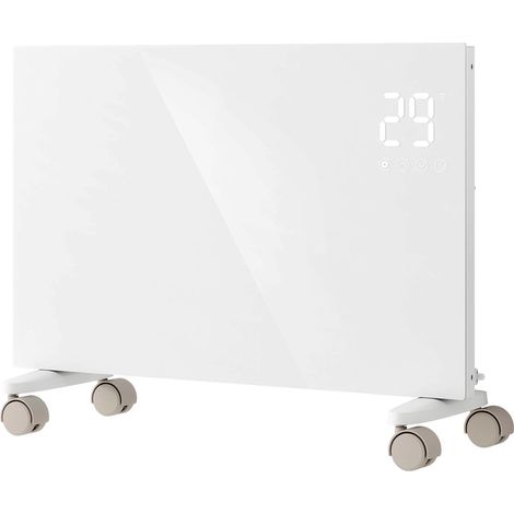 Chauffage électrique 1500W blanc – verre trempé – conçu pour s’installer de deux façons – peut aider à limiter la consommation avec son mode ECO
