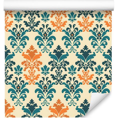 Papel pintado damasco barroco en crema y verde para salón y dormitorio, 50x1000 cm. (1/5)